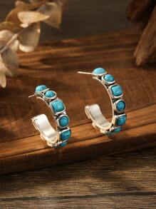 1對時尚西部風格的女士綠松石圓形耳環,復古情侶禮物,日常佩戴適用 - 彩色 - 查看 4