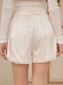 SHEIN Lace Trim Satin Shorts - Beige - View 2