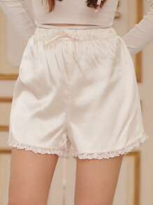 SHEIN Lace Trim Satin Shorts - Beige - View 7