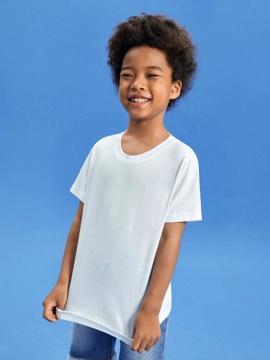 SHEIN Boys 100% Cotton Solid Round Neck Tee - White - View 1