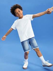 SHEIN Boys 100% Cotton Solid Round Neck Tee - White - View 4