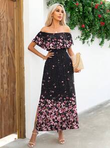 DEARCASE Vestido con estampado floral de hombros descubiertos ribete con fruncido - Multicolor - Ver 1