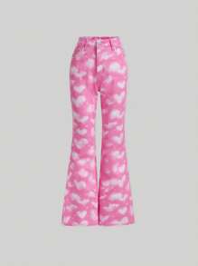 SHEIN Bé Gái Quần Jeans Nút Túi Dây kéo Tim Tất cả trên in - Màu Hồng baby - Xem 1