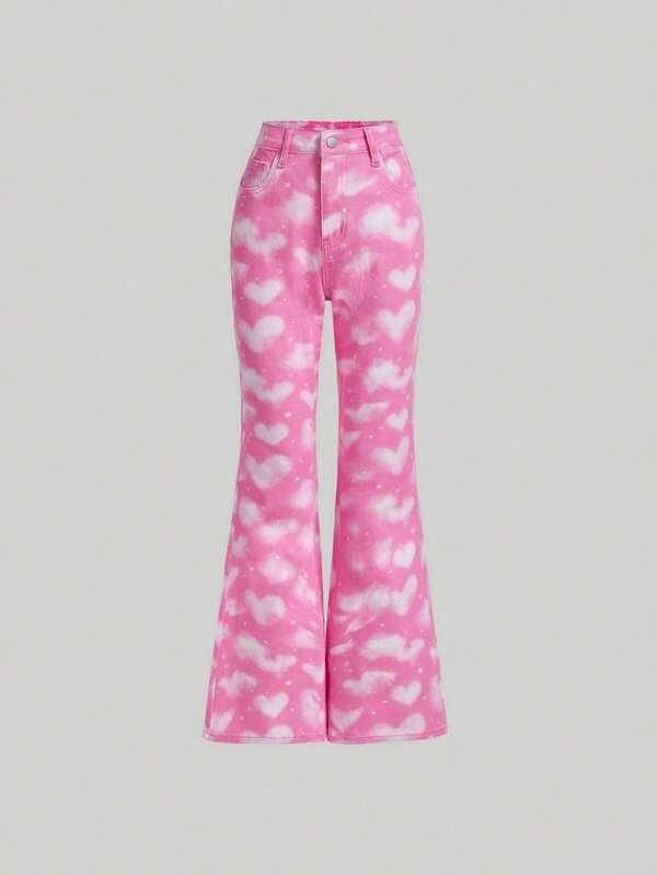 SHEIN Teen Girls Heart Print Flare Leg Jeans SHEIN UK