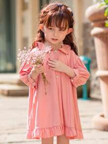 小女童彼得潘領荷葉邊娃娃裙 - 珊瑚粉 - 查看 4