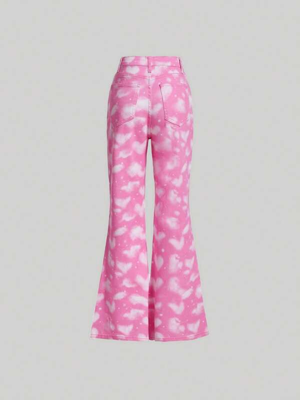 SHEIN Teen Girls Heart Print Flare Leg Jeans SHEIN UK