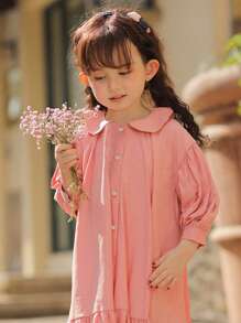 小女童彼得潘領荷葉邊娃娃裙 - 珊瑚粉 - 查看 5