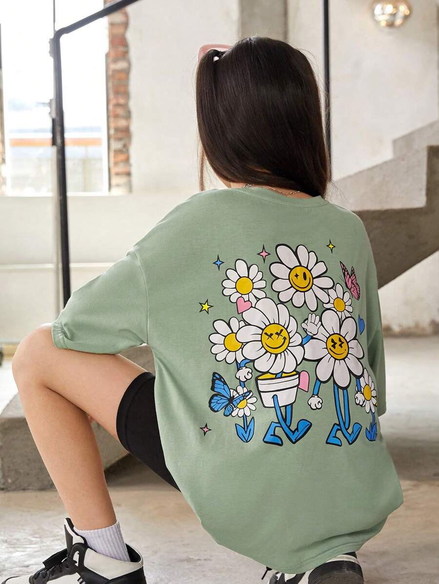 SHEIN Tops con gái Hoa Lá thư Giải trí - Màu xanh Bạc hà - Xem 1