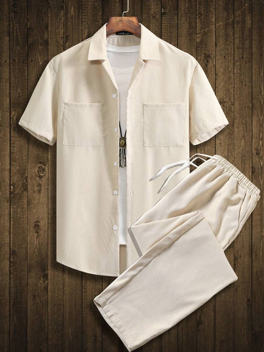 Manfinity Homme Men Dual Pocket Shirt & Drawstring Waist Pants Without Tee - Beige - View 1