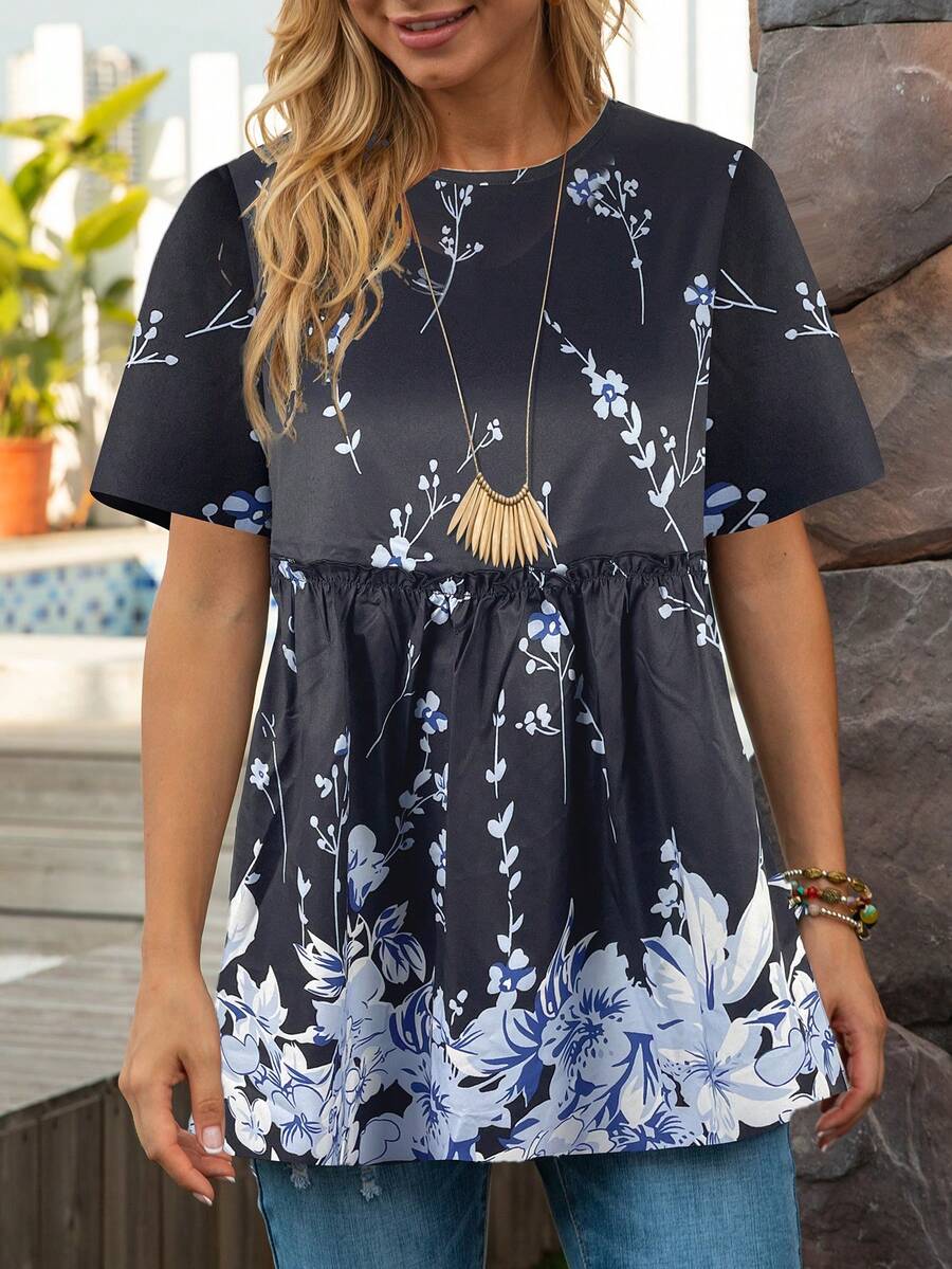 Floral Print Peplum Blouse - Black - View 1