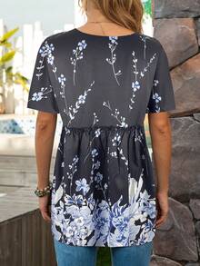 Floral Print Peplum Blouse - Black - View 2