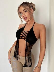 SHEIN ICON Crisscross Front Lace Halter Top - Black - View 2