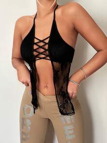 SHEIN ICON Crisscross Front Lace Halter Top - Black - View 6