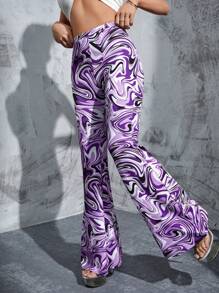 SHEIN ICON Marble Print Flare Leg Pants - Multicolor - View 1