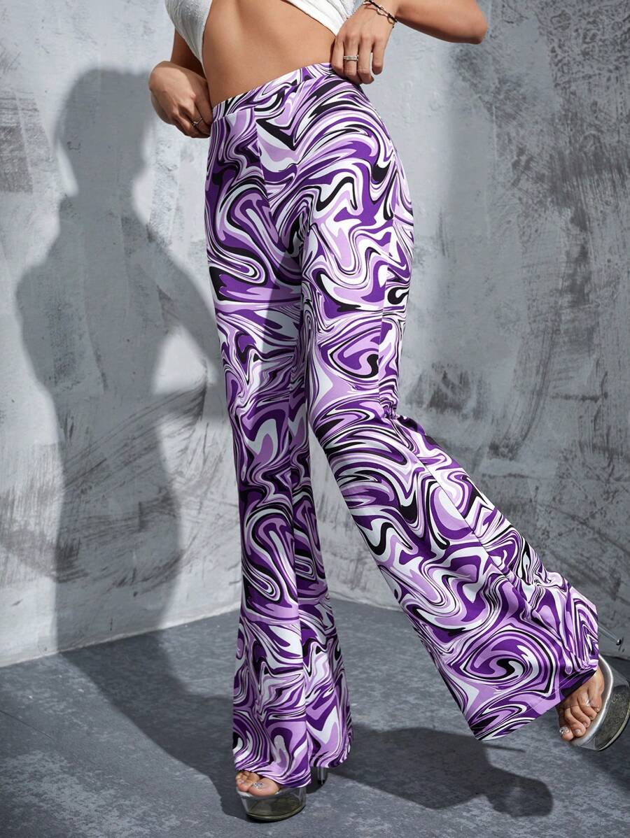 SHEIN ICON Marble Print Flare Leg Pants - Multicolor - View 1