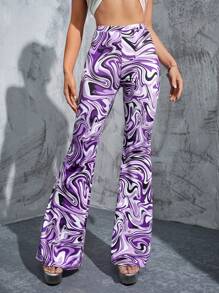 SHEIN ICON Marble Print Flare Leg Pants - Multicolor - View 3