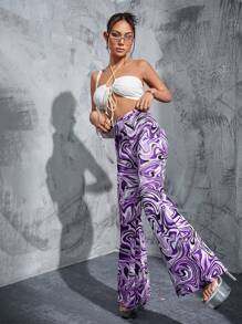 SHEIN ICON Marble Print Flare Leg Pants - Multicolor - View 4