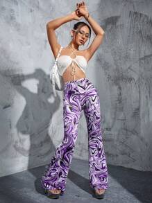 SHEIN ICON Marble Print Flare Leg Pants - Multicolor - View 5