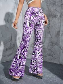 SHEIN ICON Marble Print Flare Leg Pants - Multicolor - View 6