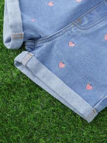 SHEIN Cô Gái Trẻ Thêu trái tim Cuộn lên Hem Quần short Denim - Rửa nhẹ - Xem 4