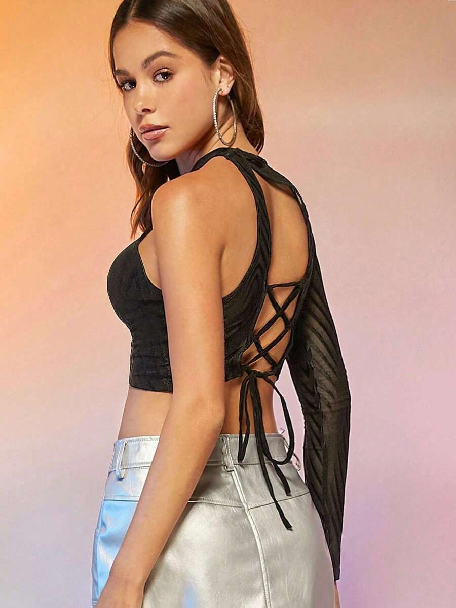 SHEIN BAE Áo thun nữ Bất đối xứng Lộ Lưng Cắt ra Ren lên màu trơn Gợi cảm - màu đen - Xem 1