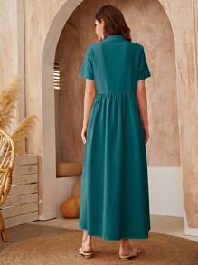 Al Najma Vestido smock unicolor con botón delantero - Verde Oscuro - Ver 2