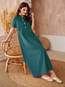 Al Najma Vestido smock unicolor con botón delantero - Verde Oscuro - Ver 3
