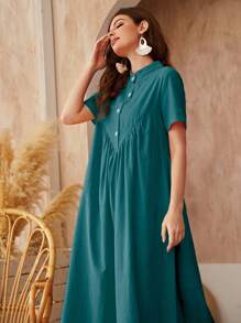 Al Najma Vestido smock unicolor con botón delantero - Verde Oscuro - Ver 4