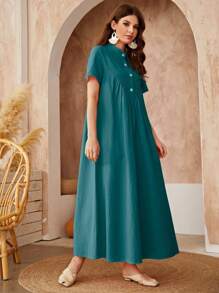 Al Najma Vestido smock unicolor con botón delantero - Verde Oscuro - Ver 5