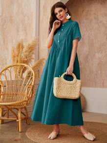 Al Najma Vestido smock unicolor con botón delantero - Verde Oscuro - Ver 6