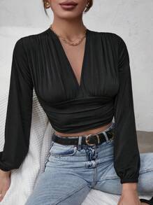 RueChic Damen einfarbige V-Ausschnitt Laternärmel Plissee Crop Top Bluse - Schwarz - Übersicht 6