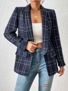 Chiquease Plaid Shawl Collar Open Front Blazer - Navy Blue - View 1