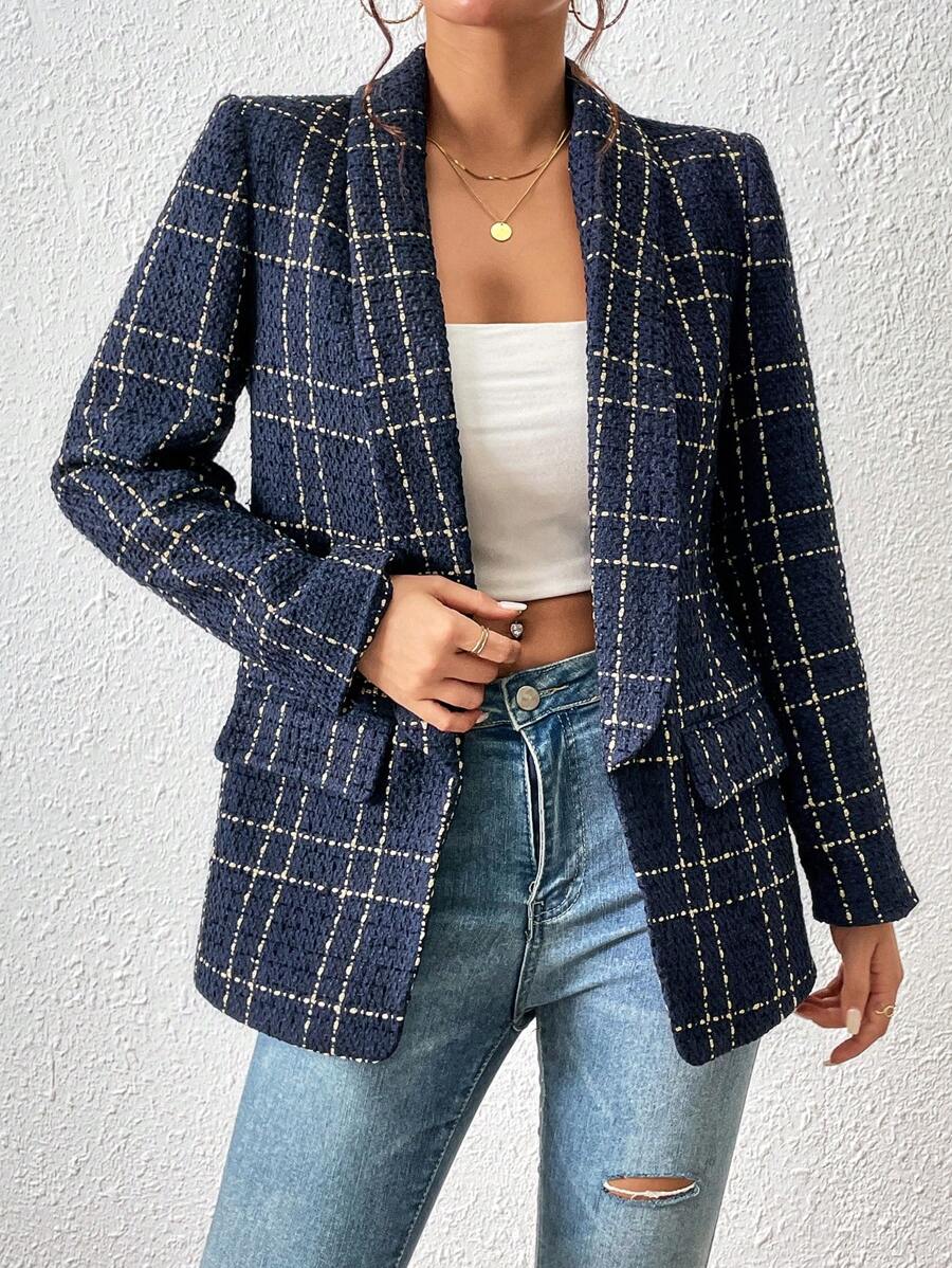 Chiquease Plaid Shawl Collar Open Front Blazer - Navy Blue - View 1