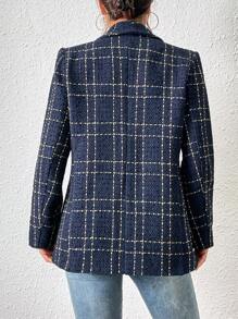 Chiquease Plaid Shawl Collar Open Front Blazer - Navy Blue - View 2