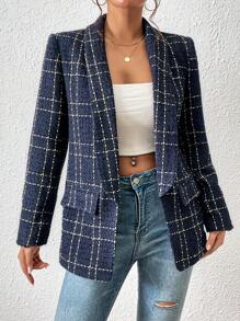 Chiquease Plaid Shawl Collar Open Front Blazer - Navy Blue - View 4