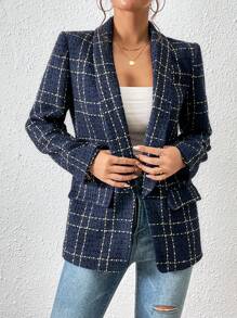 Chiquease Plaid Shawl Collar Open Front Blazer - Navy Blue - View 5