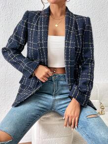 Chiquease Plaid Shawl Collar Open Front Blazer - Navy Blue - View 6