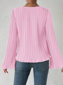 SHEIN Privé Solid Lettuce Trim Plisse Trumpet Sleeve Blouse - Baby Pink - View 2