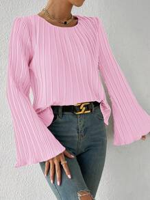 SHEIN Privé Solid Lettuce Trim Plisse Trumpet Sleeve Blouse - Baby Pink - View 3