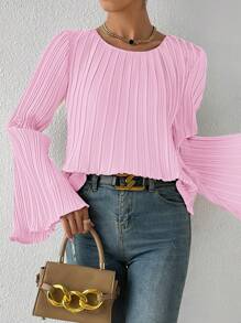 SHEIN Privé Solid Lettuce Trim Plisse Trumpet Sleeve Blouse - Baby Pink - View 5