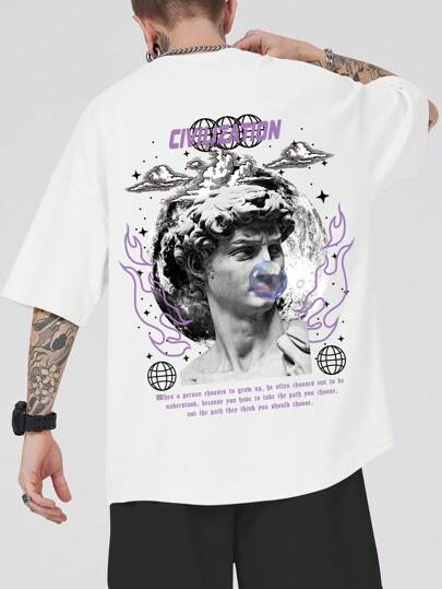 Street Life Men Slogan & Figure Graphic Y2k T-Shirt, School