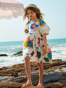 女孩卡通圖案連衣裙 - 白色 - 查看 1