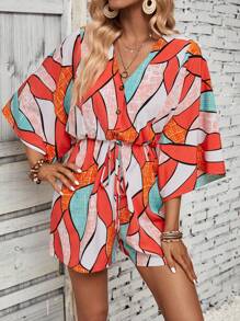 Breezaya Allover Print Batwing Sleeve Knot Front Romper - Multicolor - View 6