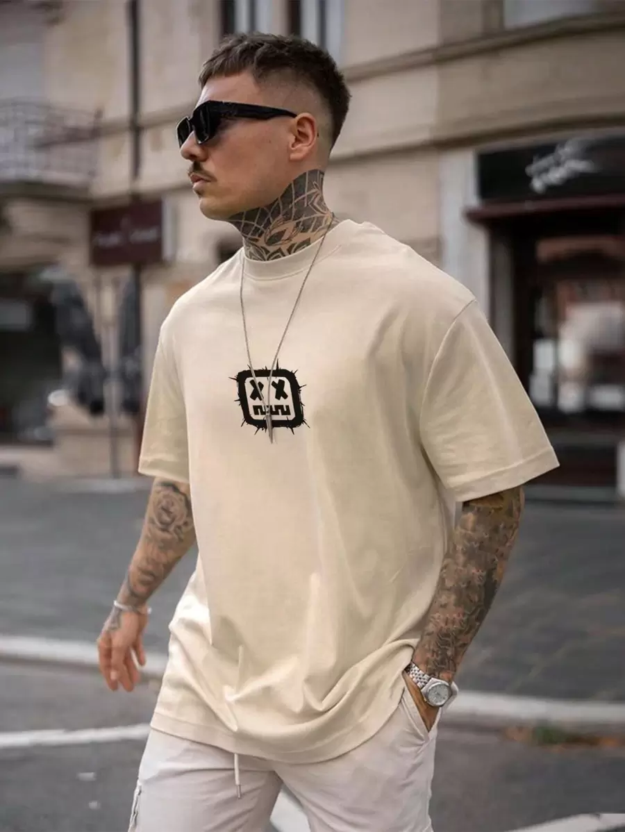 Men Expression Print Tee - Khaki - View 1