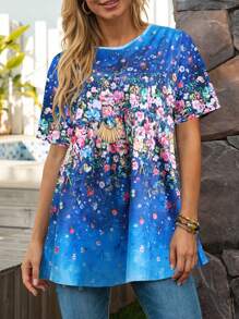 Floral Print Round Neck Blouse - Blue - View 1