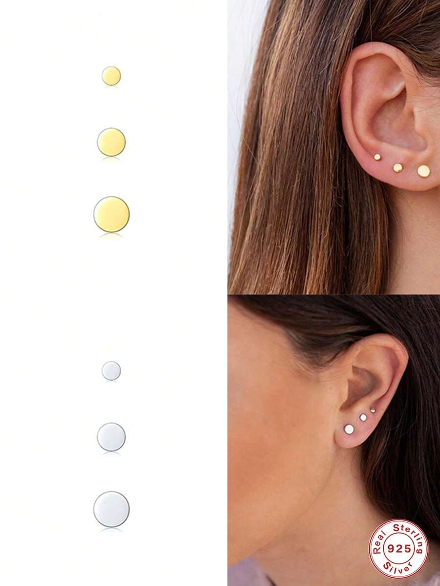 3入組/套時尚圓形銀耳釘適合女士日常裝飾