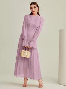 Modelyn Flounce Sleeve Pleated Detail Dress - Lilac Purple - View 1