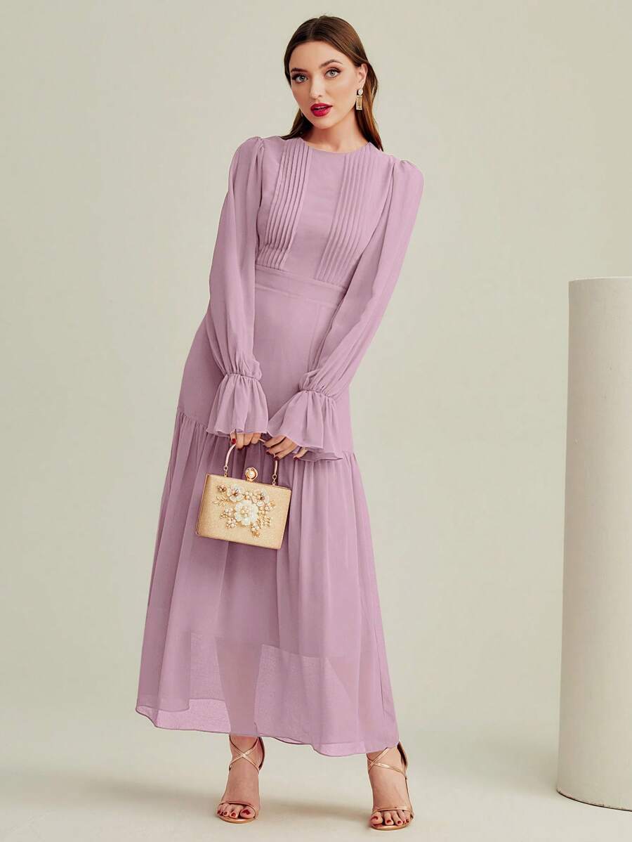 Modelyn Flounce Sleeve Pleated Detail Dress - Lilac Purple - View 1