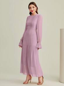Modelyn Flounce Sleeve Pleated Detail Dress - Lilac Purple - View 3