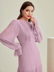Modelyn Flounce Sleeve Pleated Detail Dress - Lilac Purple - View 5
